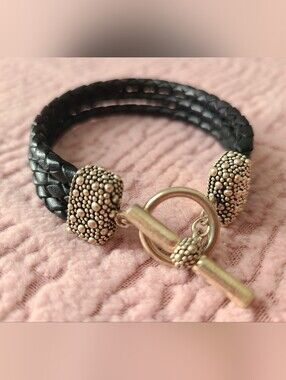 Michael Dawkins 925 Thailand sterling silver braided black leather Cord Bracelet
